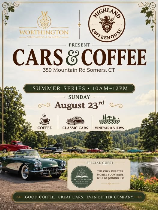 Worthington Vineyards & Winery Cars & Coffee event at Worthington Vineyards & Winery in Somers, CT on August 23, 2026