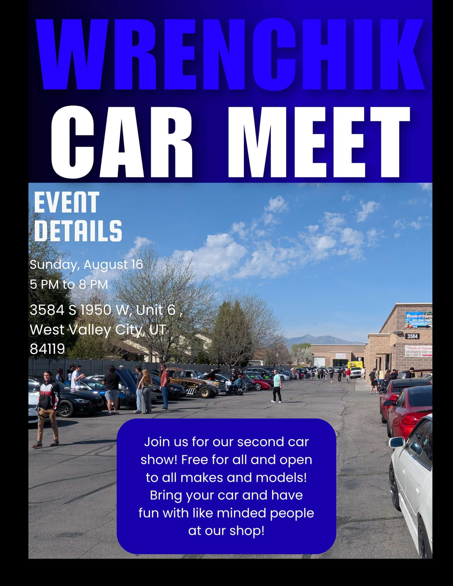 Wrenchik Car Meet event at Wrenchik Repair and Performance in West Valley City, UT on August 16, 2026
