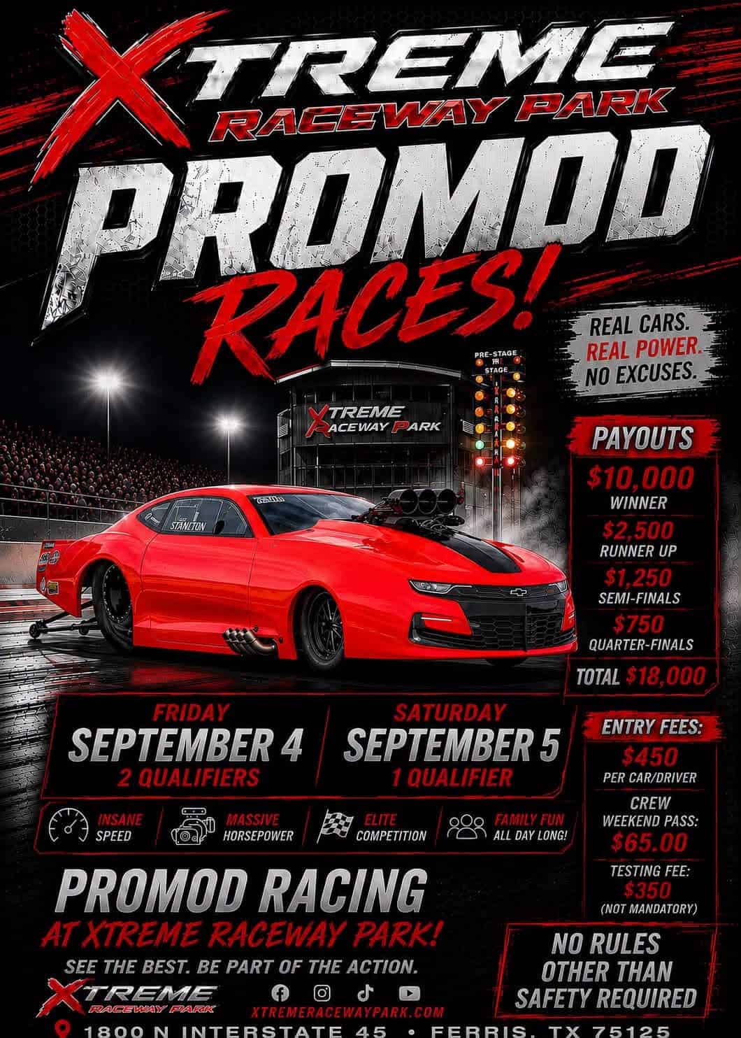 Xtreme Raceway Park ProMod Races event at Xtreme Raceway Park in Ferris, TX on September 4, 2026