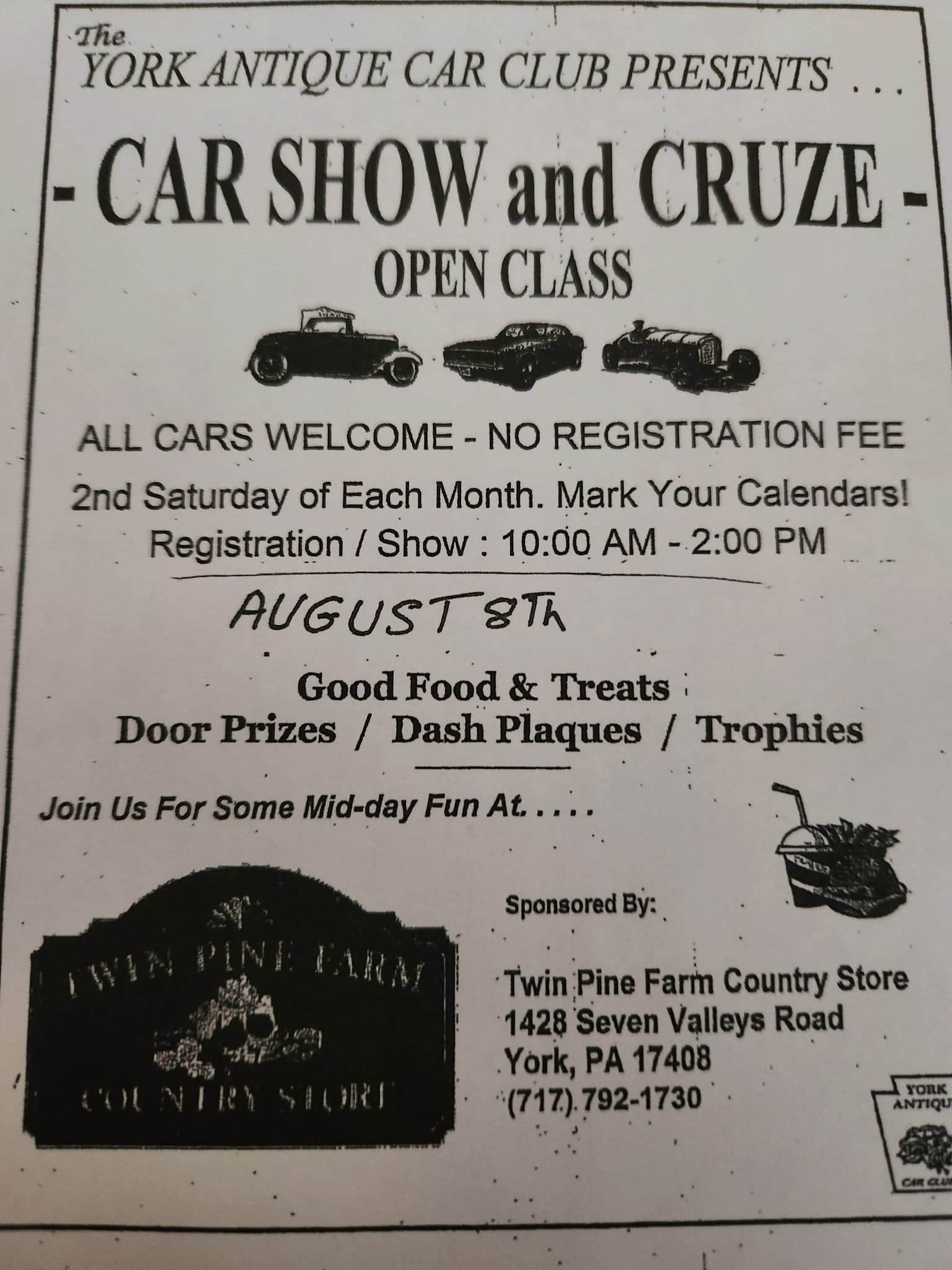 York Antique Car Club Car Show and Cruze event at Twin Pine Farm Country Store in York, PA on August 8, 2026