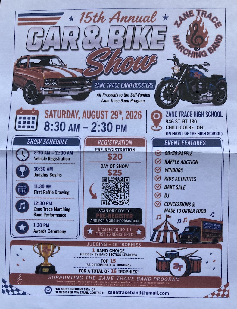 Zane Trace Band Boosters 15th Annual Car & Bike Show event at Zane Trace High School in Chillicothe, OH on August 29, 2026
