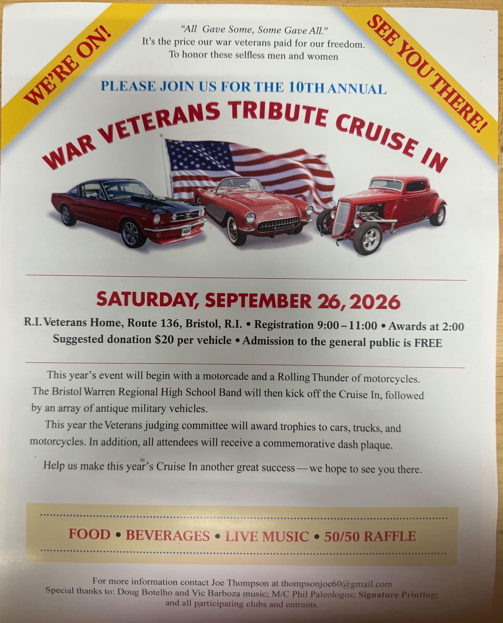 10th Annual War Veterans Tribute Cruise In event at R.I. Veterans Home in Bristol, RI on September 26, 2026