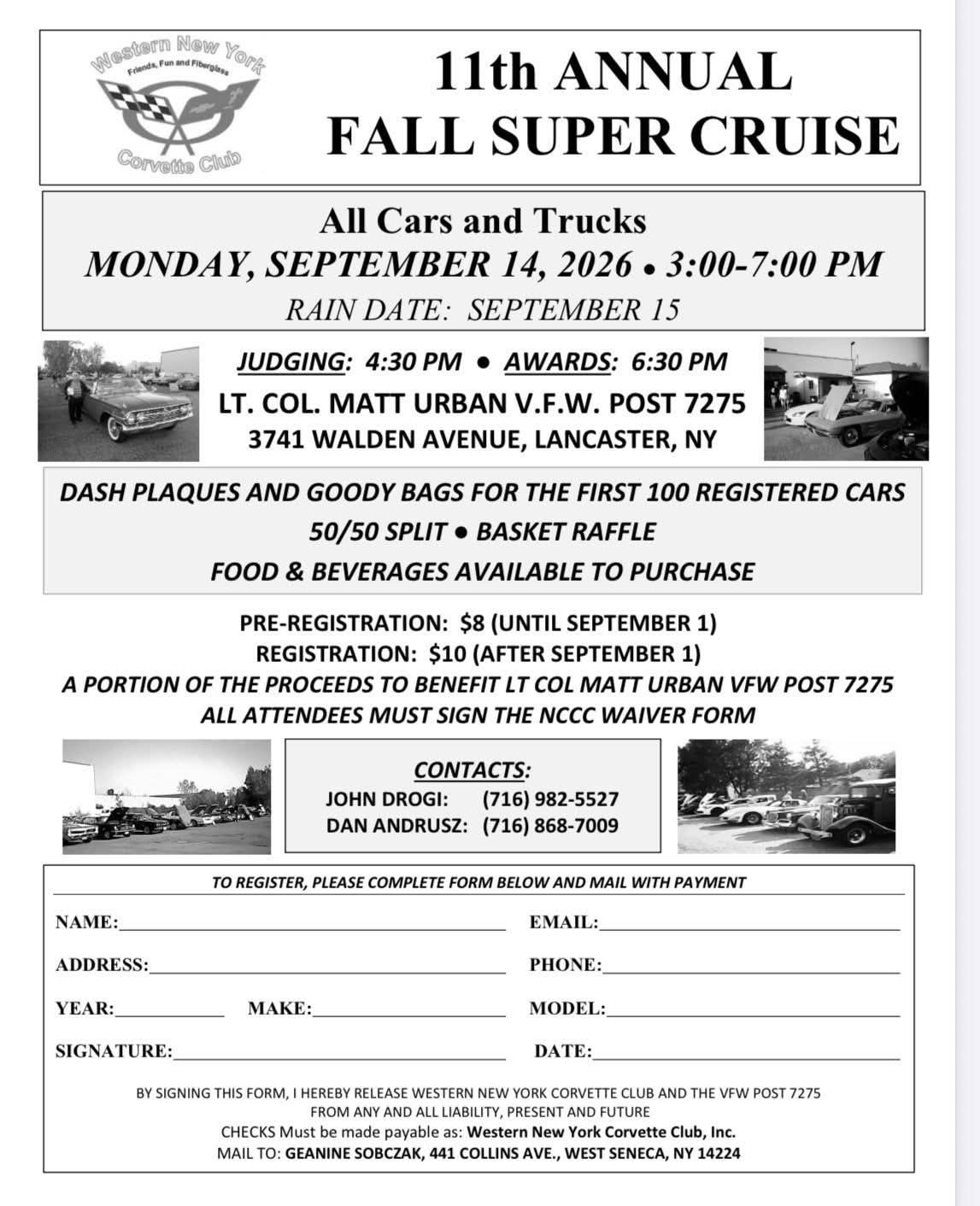 11th Annual Fall Super Cruise event at Lt. Col. Matt Urban VFW Post 7275 in Lancaster, NY on September 14, 2026