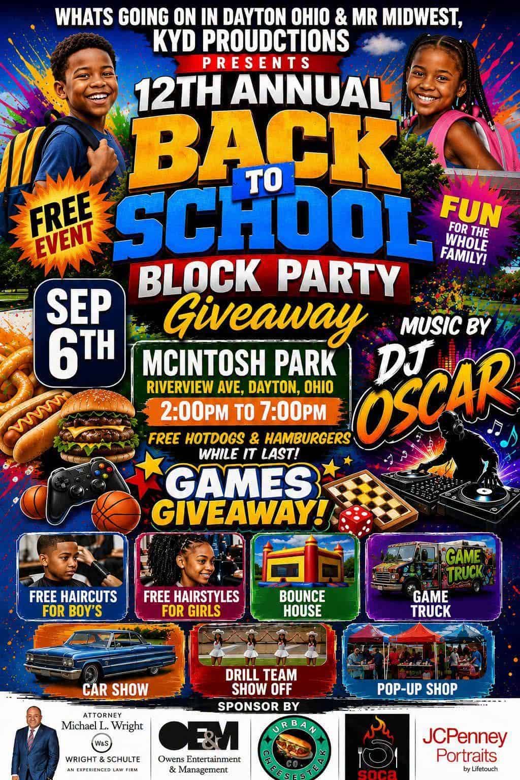 12th Annual Back to School Block Party Giveaway Pop-Up & Car Show event at McIntosh Park in Dayton, OH on September 6, 2026