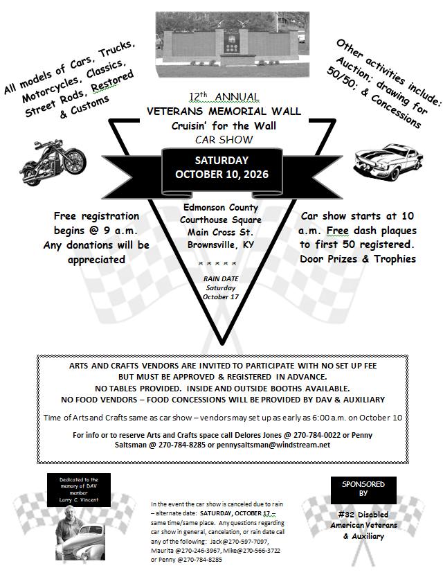 12th Annual Veterans Memorial Wall Cruisin’ for the Wall Car Show car show in Brownsville, KY