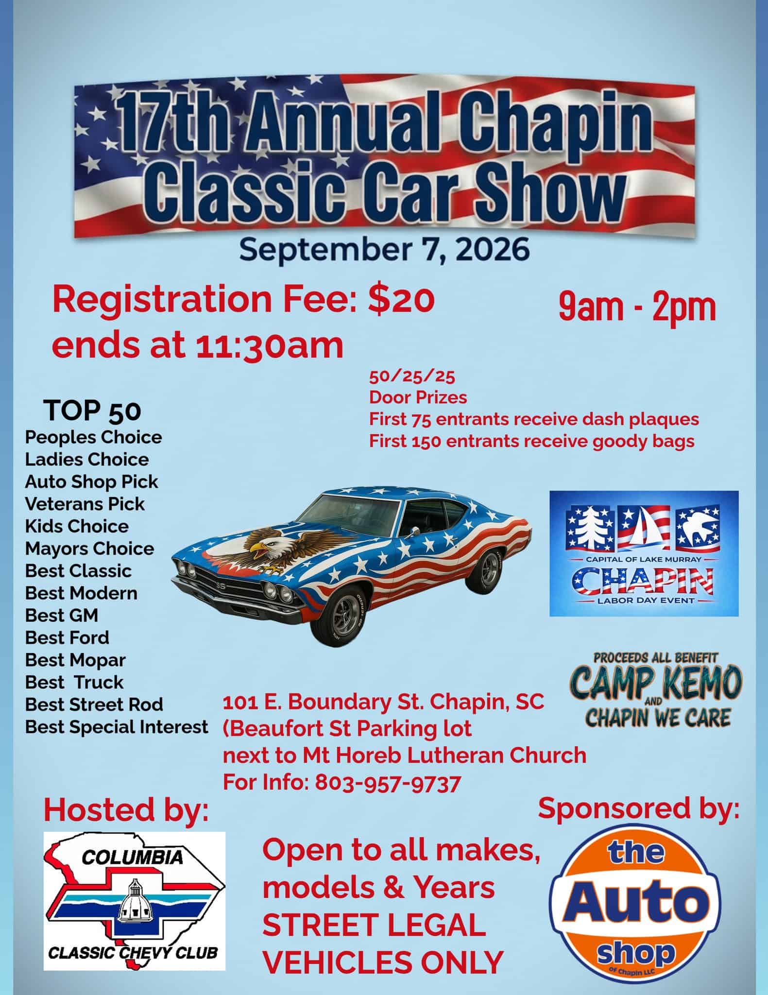 17th Annual Chapin Classic Car Show event at Beaufort St Parking Lot in Chapin, SC on September 7, 2026