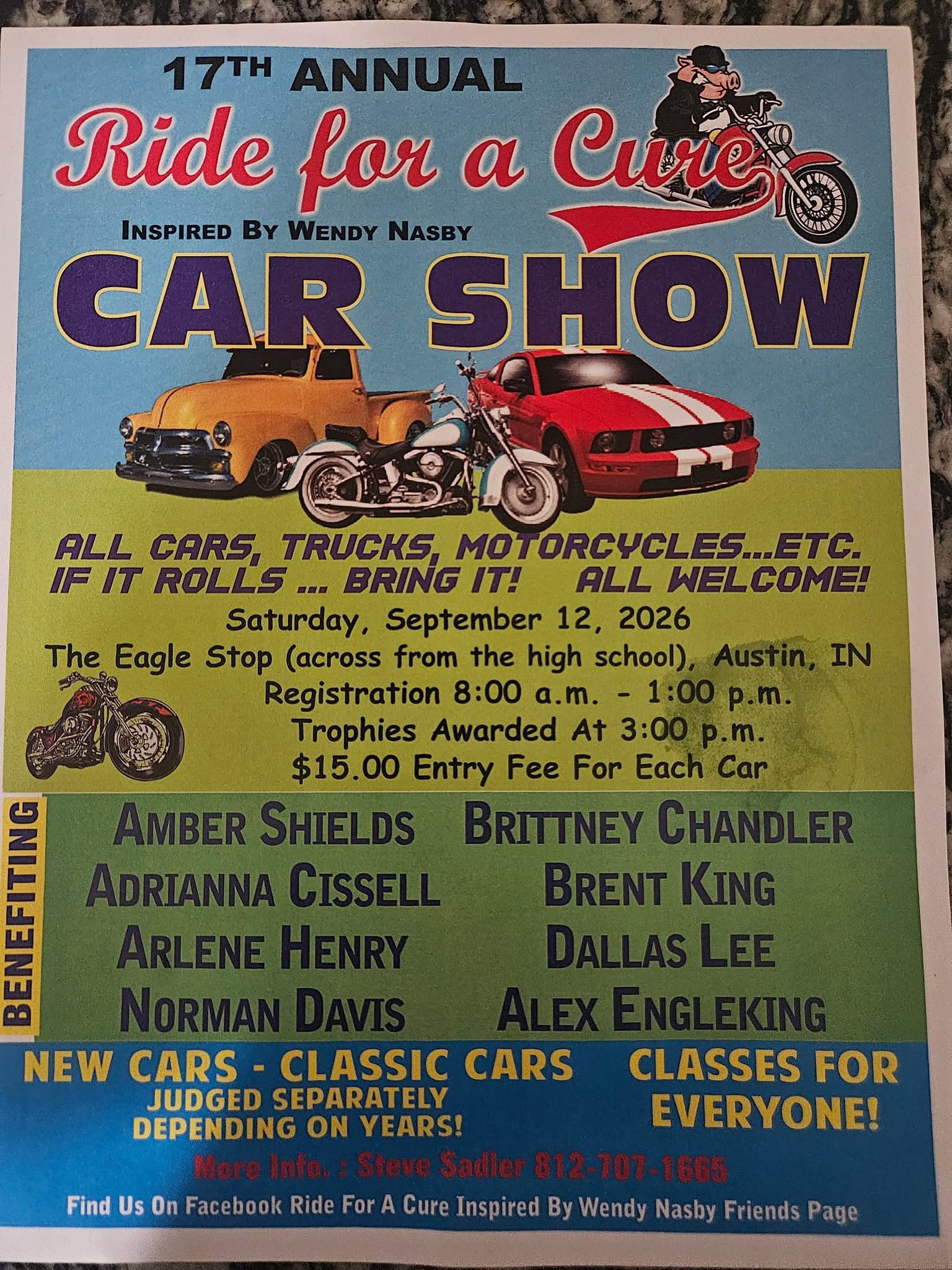 17th Annual Ride for a Cure Car Show event at The Eagle Stop in Austin, IN on September 12, 2026