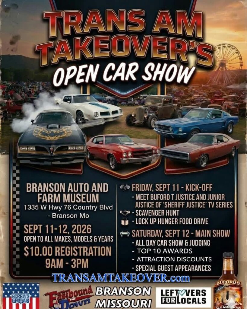 Trans Am Takeover's Open Car Show event at Branson Auto and Farm Museum in Branson, MO on September 11, 2026