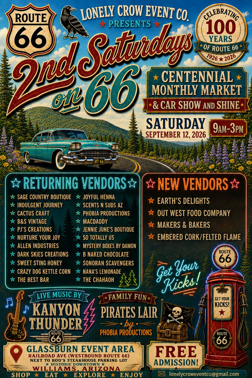 2nd Saturdays on 66 Centennial Monthly Market & Car Show and Shine event at Glassburn Event Area in Williams, AZ on October 10, 2026