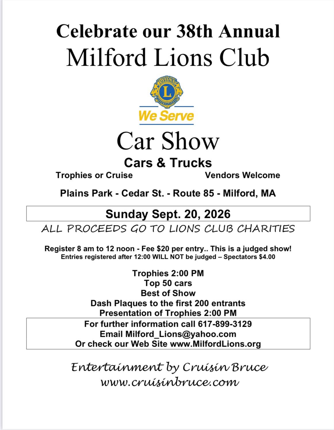 38th Annual Milford Lions Club Car Show event at Plains Park in Milford, MA on September 20, 2026