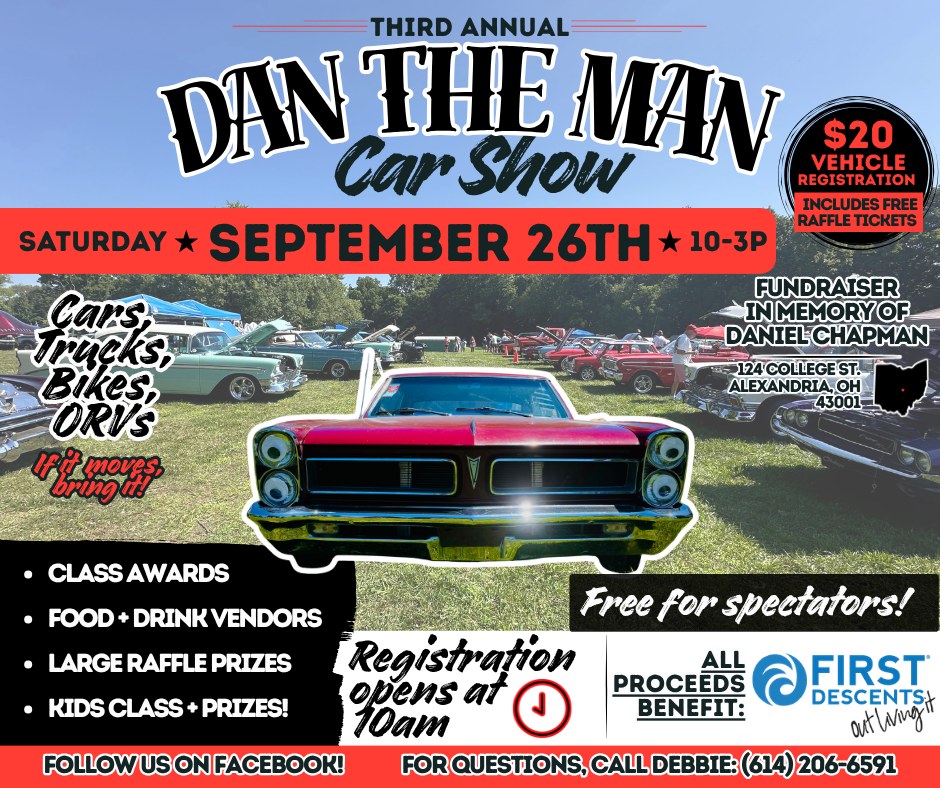 3rd Annual Dan the Man Car Show event at 124 College St. in Alexandria, OH on September 26, 2026