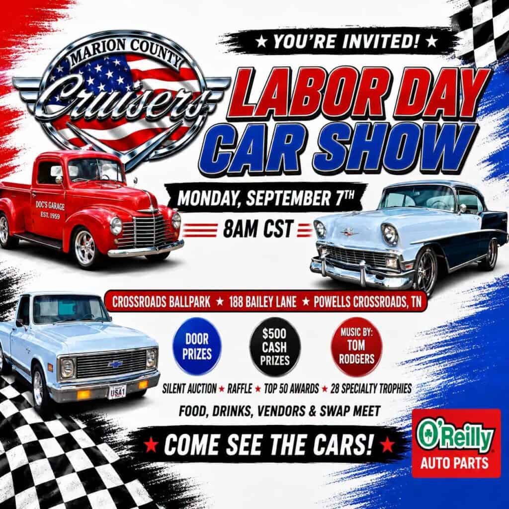 Marion County Cruisers Labor Day Car Show event at Crossroads Ballpark in Powells Crossroads, TN on September 7, 2026