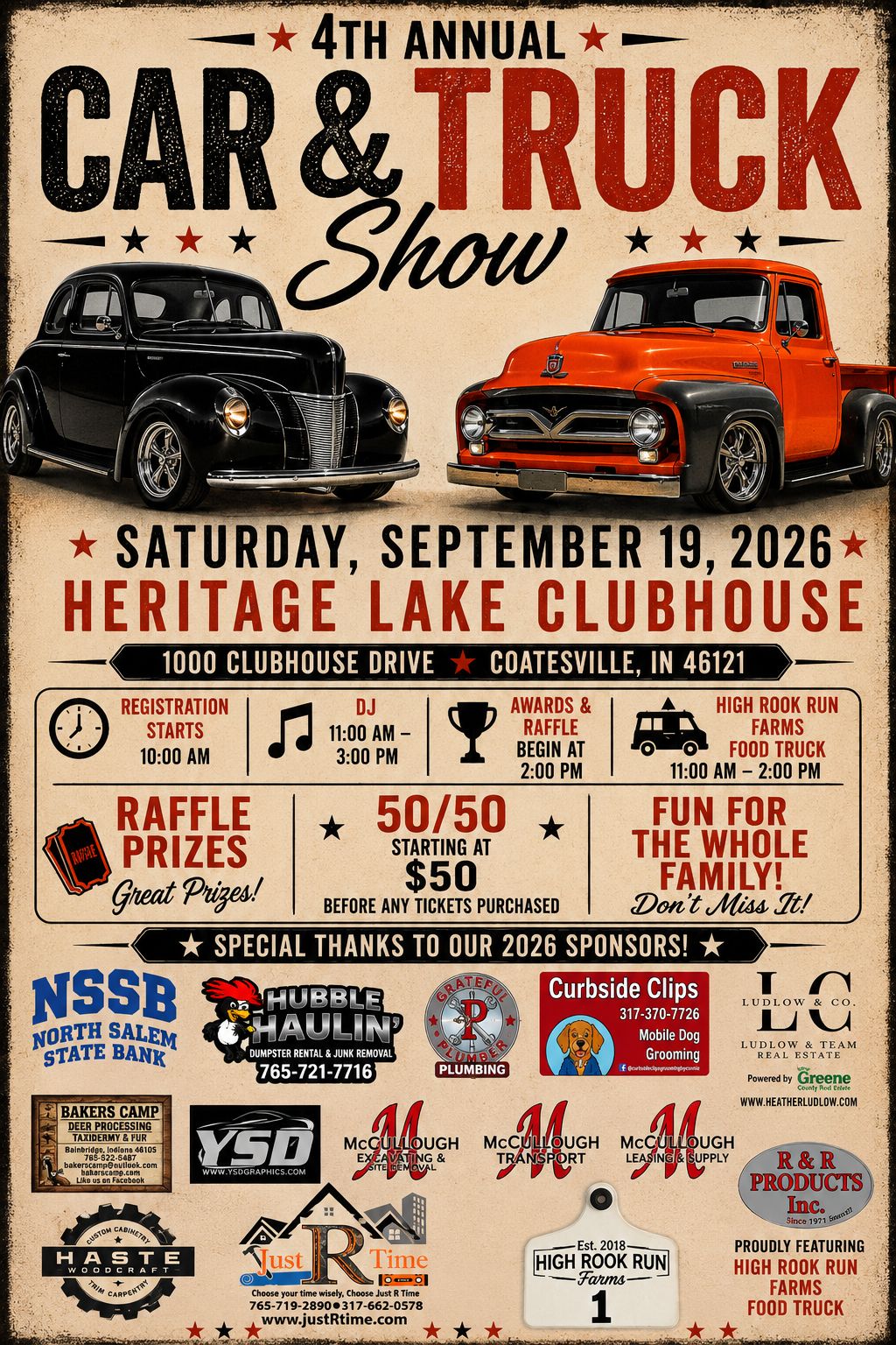4th Annual Heritage Lake Car & Truck Show event at Heritage Lake Clubhouse in Coatesville, IN on September 19, 2026
