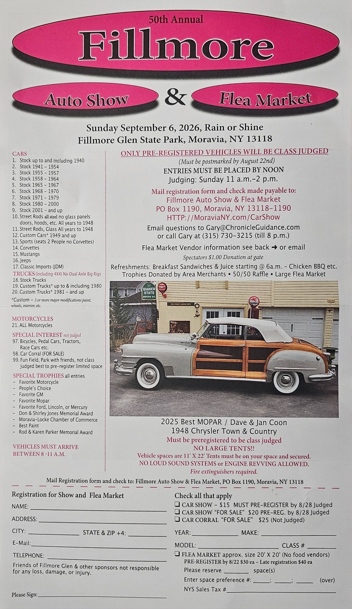 50th Annual Fillmore Auto Show & Flea Market event at Fillmore Glen State Park in Moravia, NY on September 6, 2026