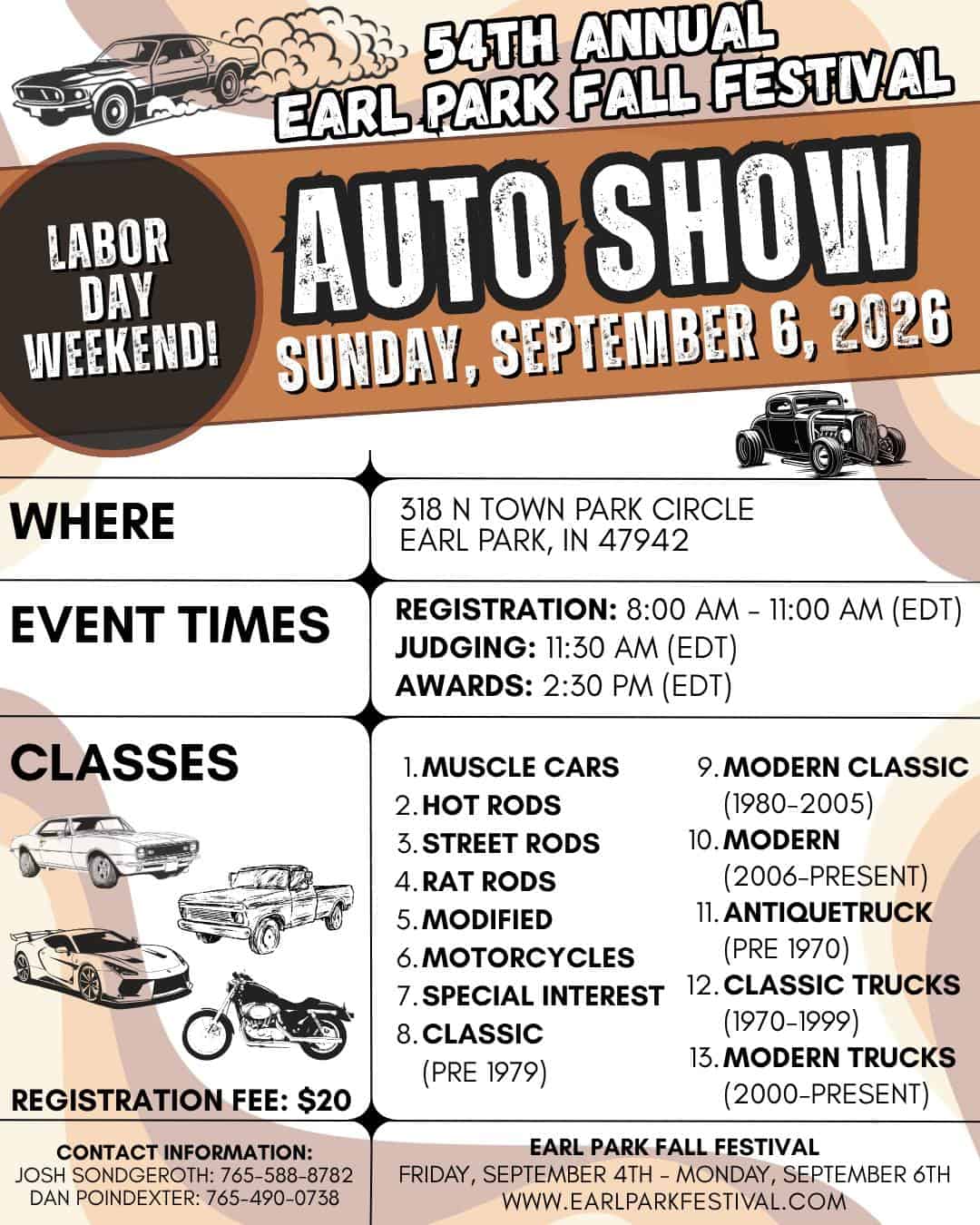 54th Annual Earl Park Fall Festival Auto Show event at Earl Park in Earl Park, IN on September 6, 2026