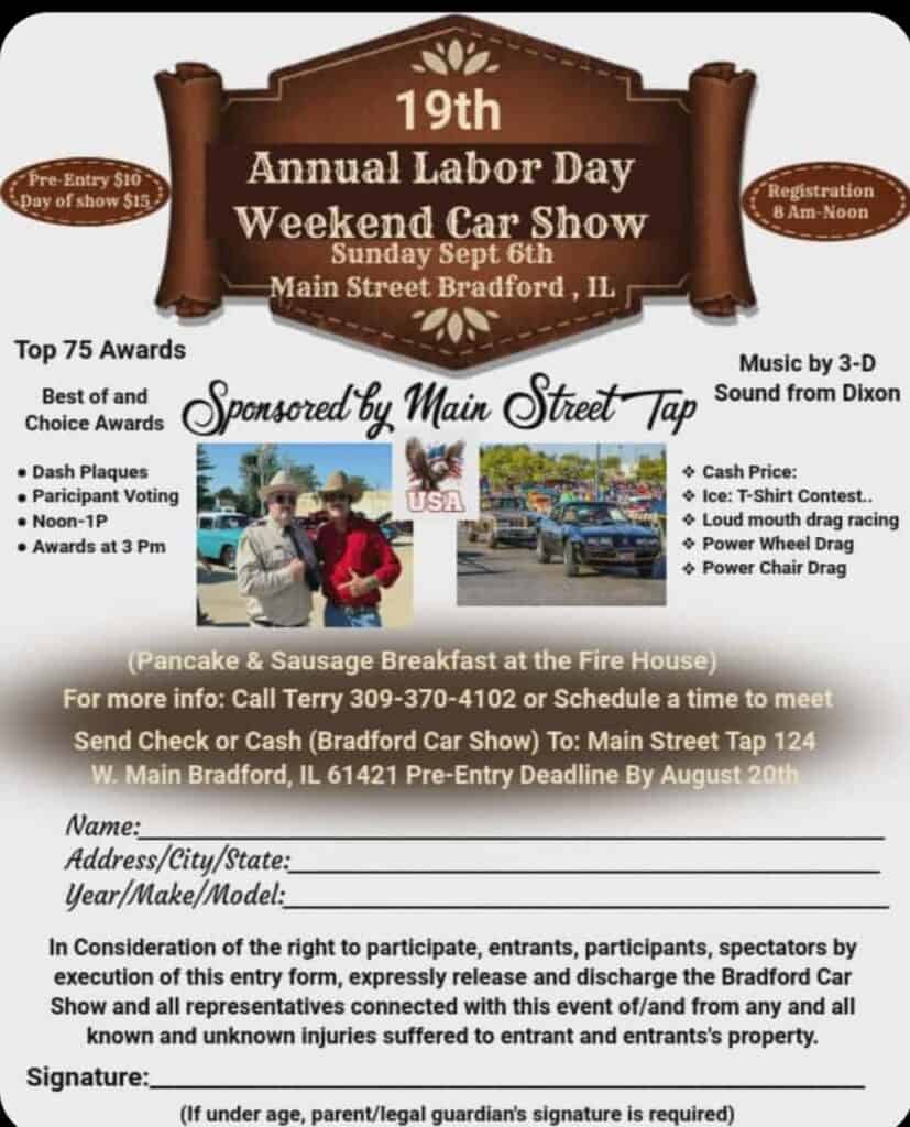 Bradford 19th Annual Labor Day Car Show event at Main Street in Bradford, IL on September 6, 2026