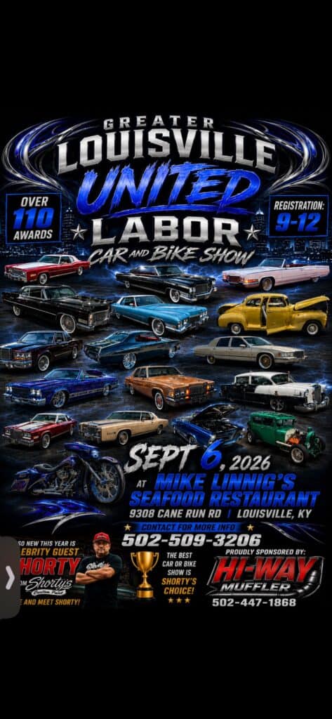 Greater Louisville United Labor Car and Bike Show event at Mike Linnig's Seafood Restaurant in Louisville, KY on September 6, 2026