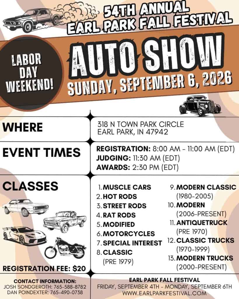 54th Annual Earl Park Fall Festival Auto Show event at Earl Park in Earl Park, IN on September 6, 2026