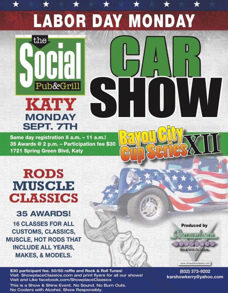 Labor Day Monday Car Show by Showplace Classics event at Social Pub & Grill in Katy, TX on September 7, 2026