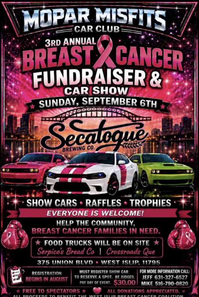 Mopar Misfits Car Club 3rd Annual Breast Cancer Fundraiser & Car Show event at Secalogue Brewing Co in West Islip, NY on September 6, 2026