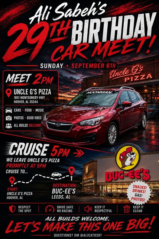 Ali Sabeh's 29th Birthday Car Meet event at Uncle G's Pizza in Hoover, AL on September 6, 2026