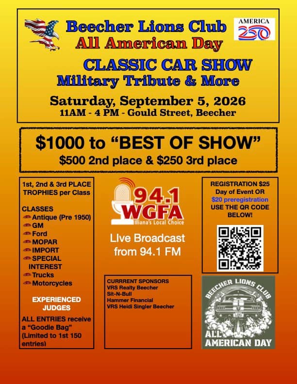 All American Day Classic Car Show event at Gould Street in Beecher, IL on September 5, 2026