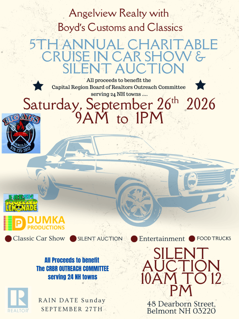 Angelview Realty with Boyd's Customs and Classics 5th Annual Charitable Cruise In Car Show & Silent Auction event at 48 Dearborn Street in Belmont, NH on September 26, 2026