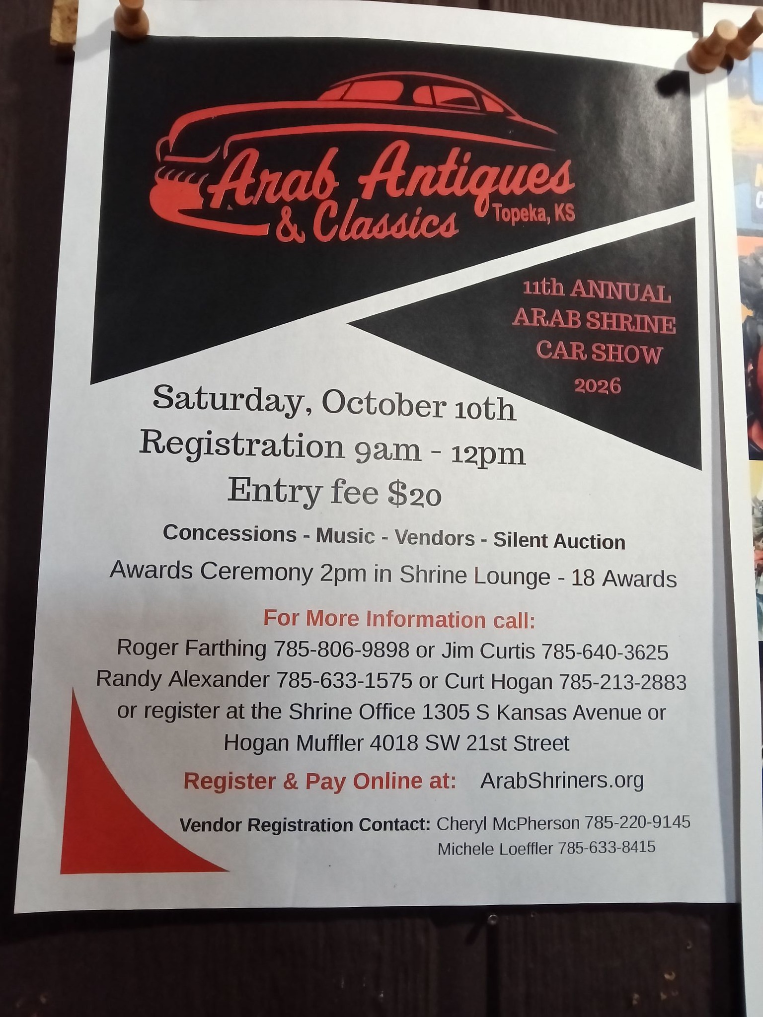 Arab Shrine 11th Annual Car Show event at Arab Antiques & Classics in Topeka, KS on October 10, 2026