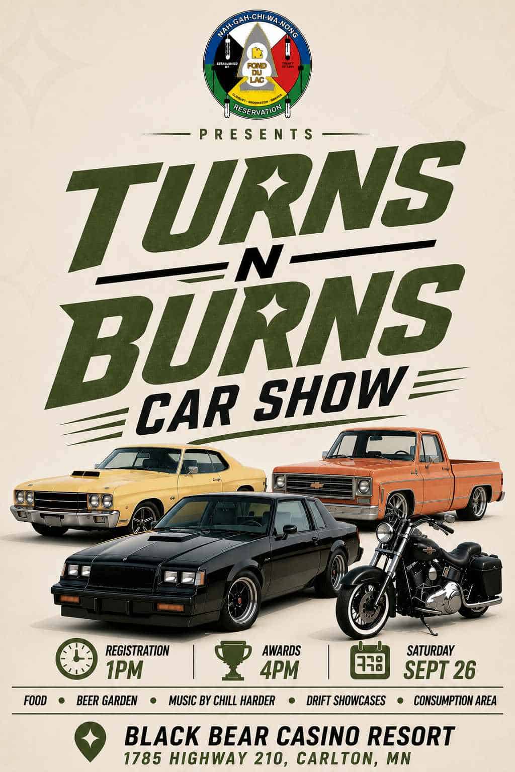 Bah-Gah-Chi-Wanong Turns n Burns Car Show event at Black Bear Casino Resort in Carlton, MN on September 26, 2026