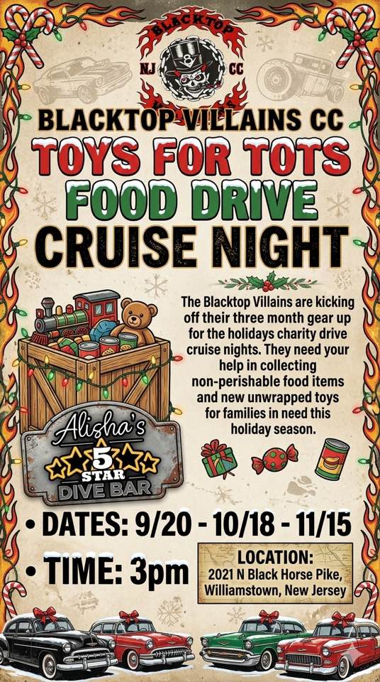 Blacktop Villains CC Toys for Tots Food Drive Cruise Night car show in Williamstown, NJ