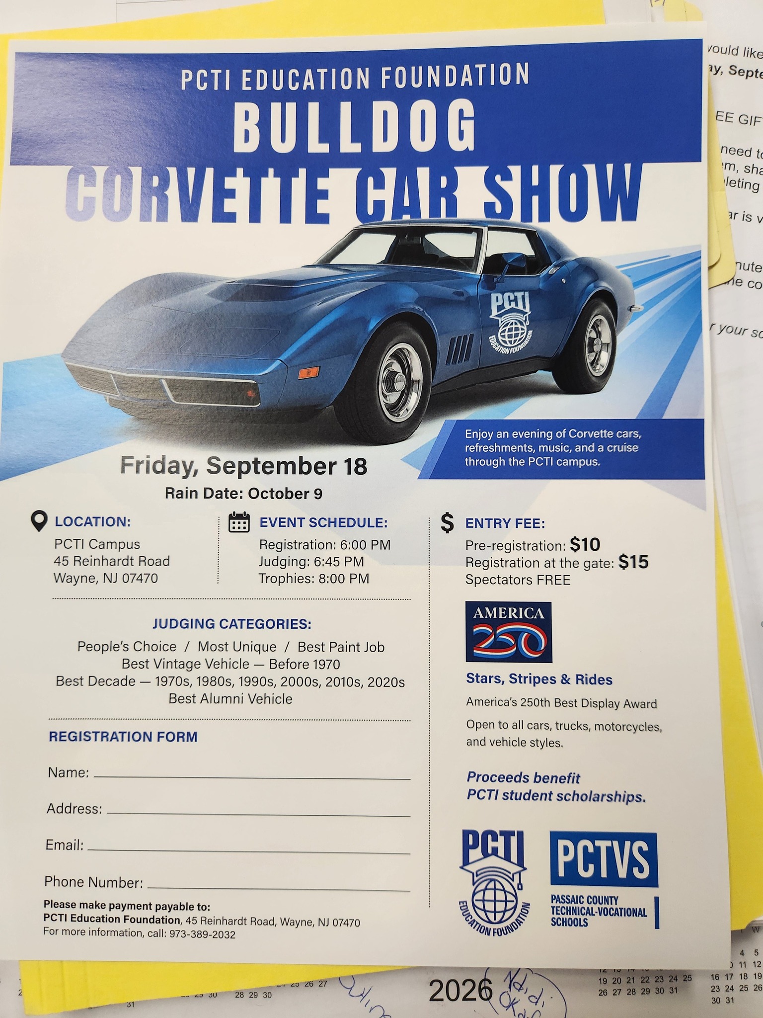 Bulldog Corvette Car Show event at PCTI Campus in Wayne, NJ on September 18, 2026