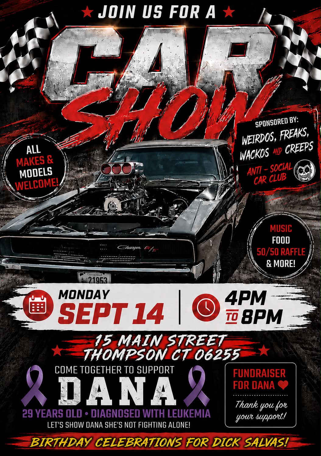 Car Show Fundraiser for Dana event at 15 Main Street in Thompson, CT on September 14, 2026
