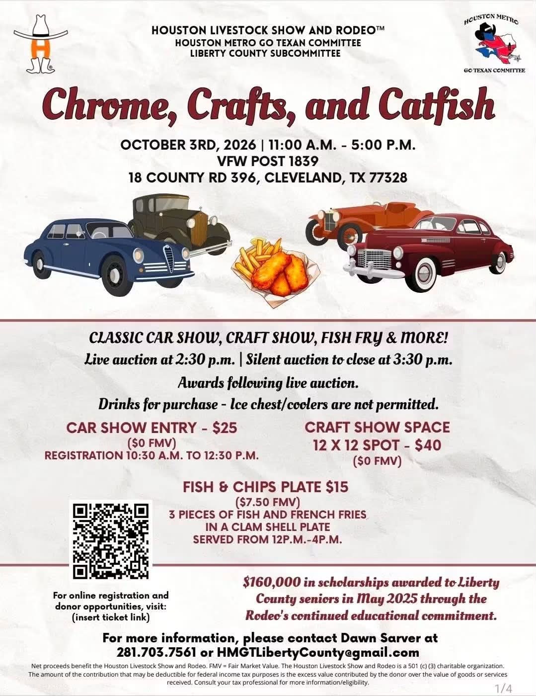 Chrome, Crafts, and Catfish event at VFW Post 1839 in Cleveland, TX on October 3, 2026