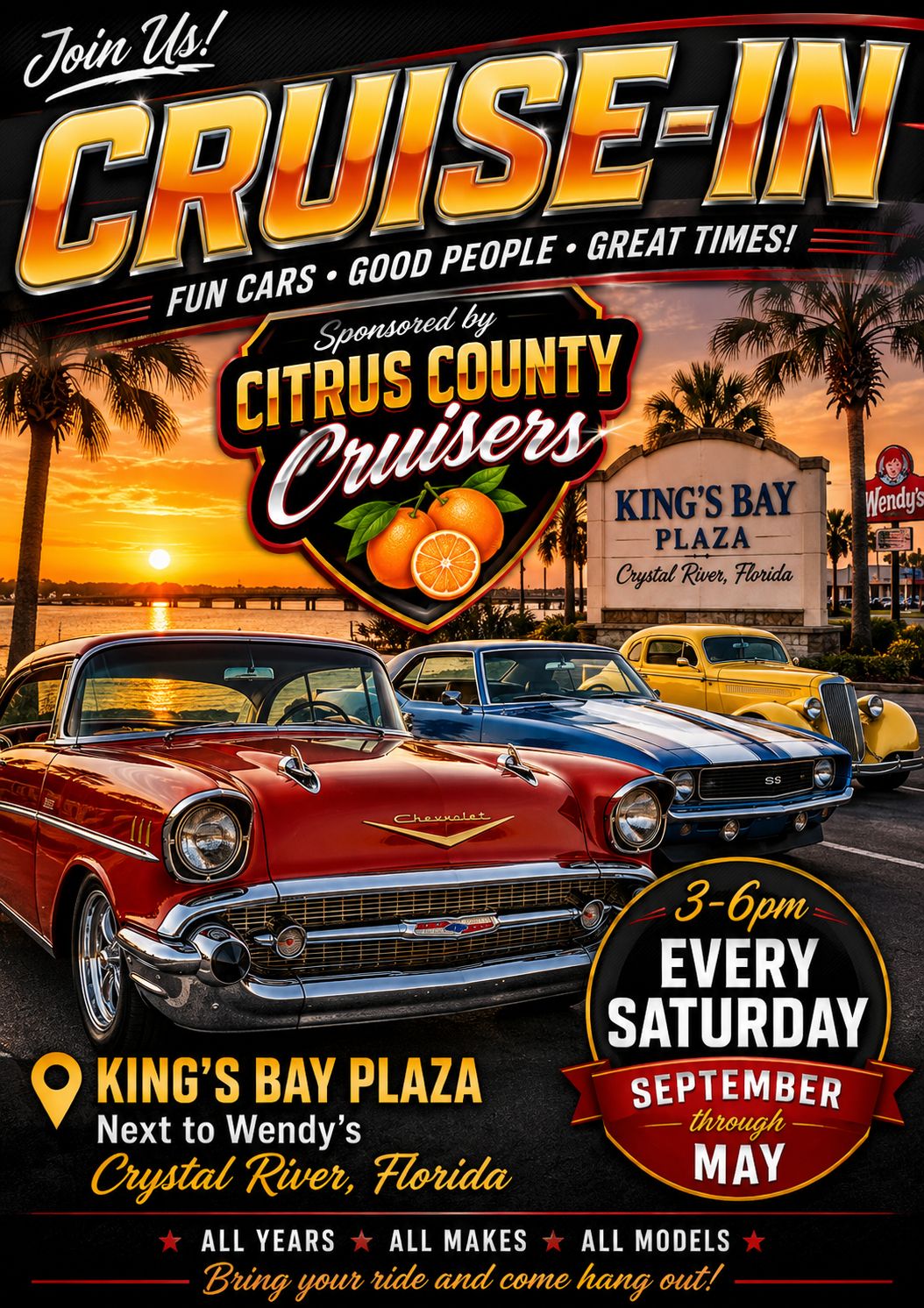 Citrus County Cruisers Saturday Cruise-In event at King's Bay Plaza in Crystal River, FL on September 5, 2026