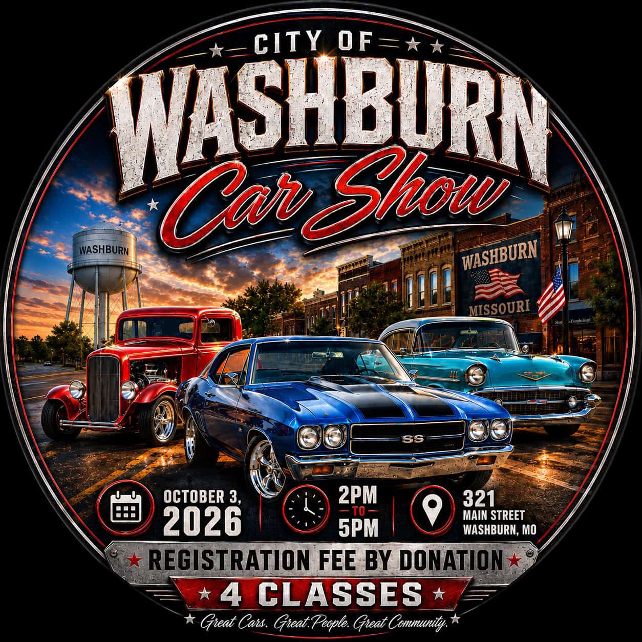 City of Washburn Car Show and Street Fair event at 321 Main St in Washburn, MO on October 3, 2026