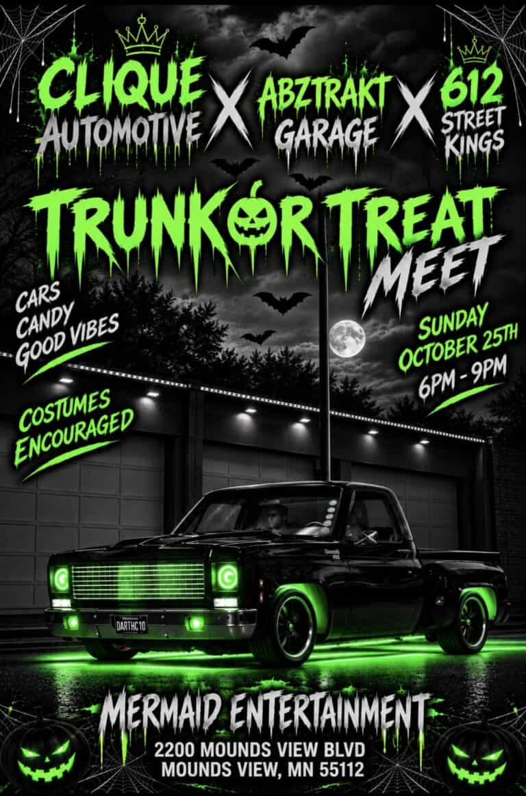 Clique Automotive x Abztrakt Garage x 612 Street Kings Trunk or Treat Meet car show in Mounds View, MN