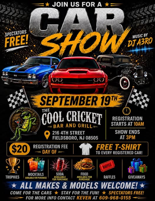 Cool Cricket Car Show event at The Cool Cricket Bar and Grill in Fieldsboro, NJ on September 19, 2026