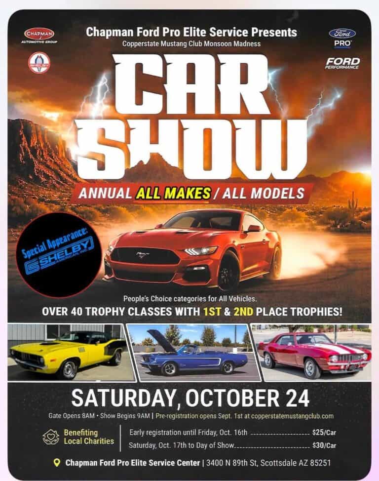 Copperstate Mustang Club Monsoon Madness Car Show event at Chapman Ford Pro Elite Service Center in Scottsdale, AZ on October 24, 2026