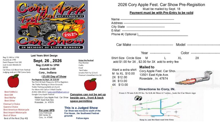 Cory Apple Festival Car Show – In Memory of Lloyd Hendrix car show in Cory, IN