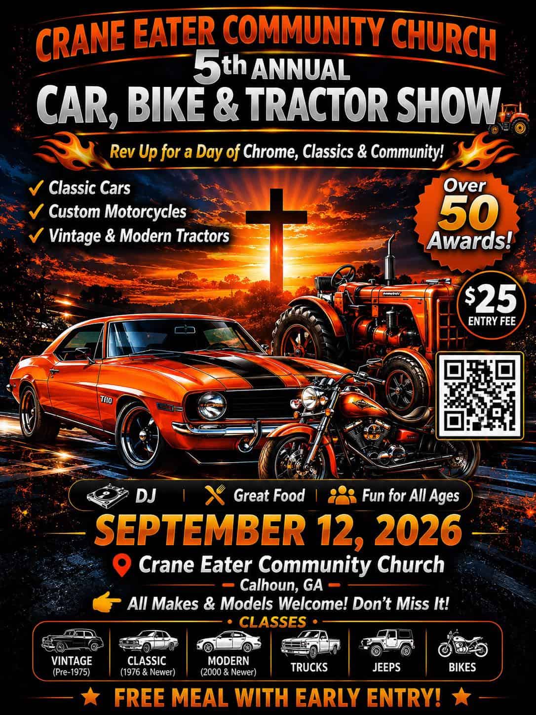 Crane Eater Community Church 5th Annual Car, Bike and Tractor Show event at Crane Eater Community Church in Calhoun, GA on September 12, 2026