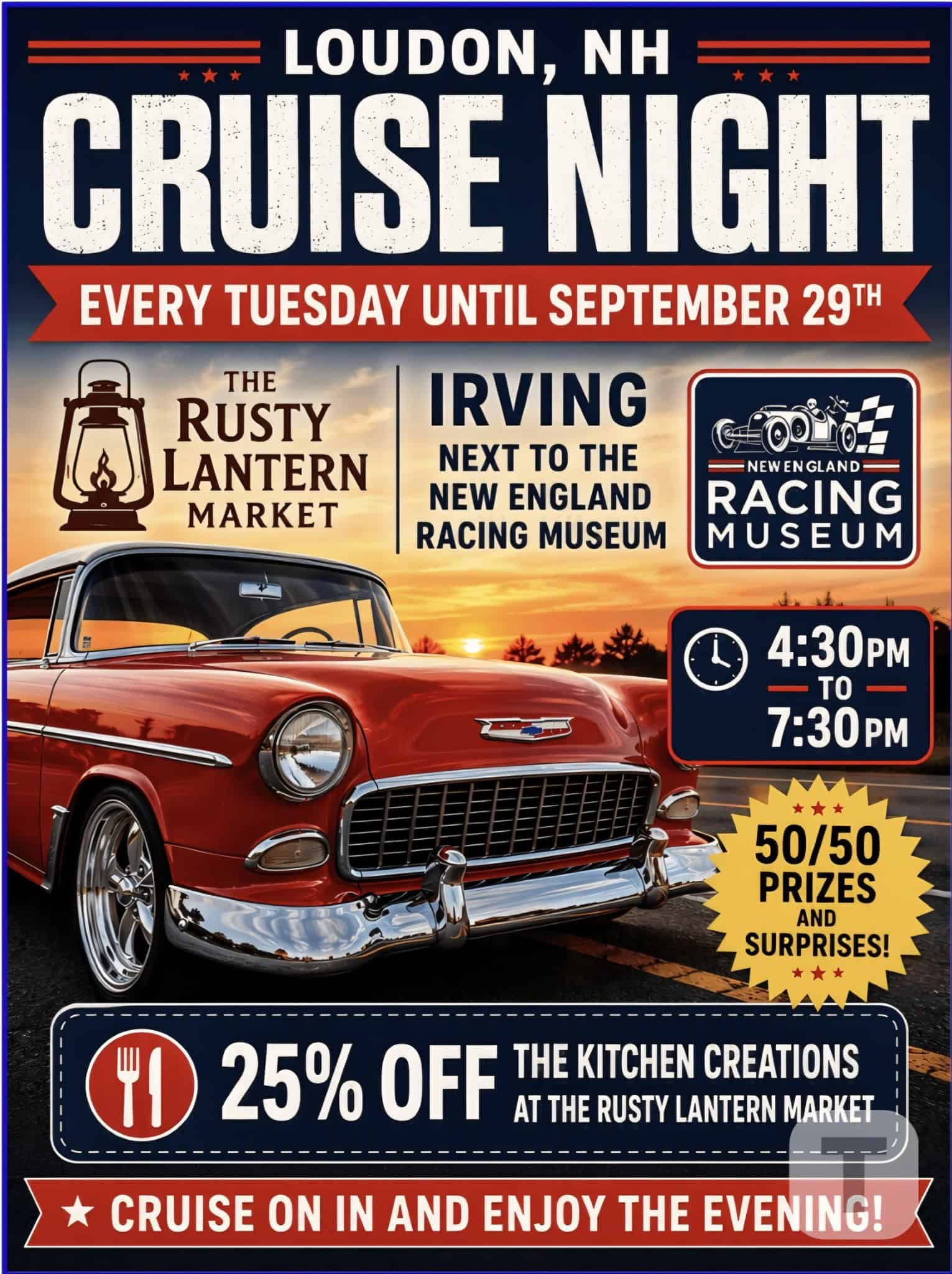 Cruise Night at Rusty Lantern Market event at Rusty Lantern Market / Irving in Loudon, NH on September 8, 2026