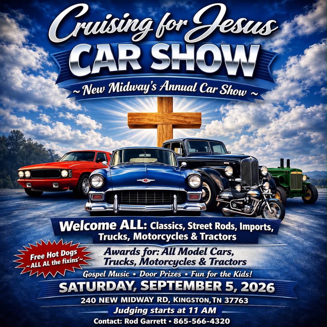 Cruising for Jesus Car Show event at 240 New Midway Road in Kingston, TN on September 5, 2026