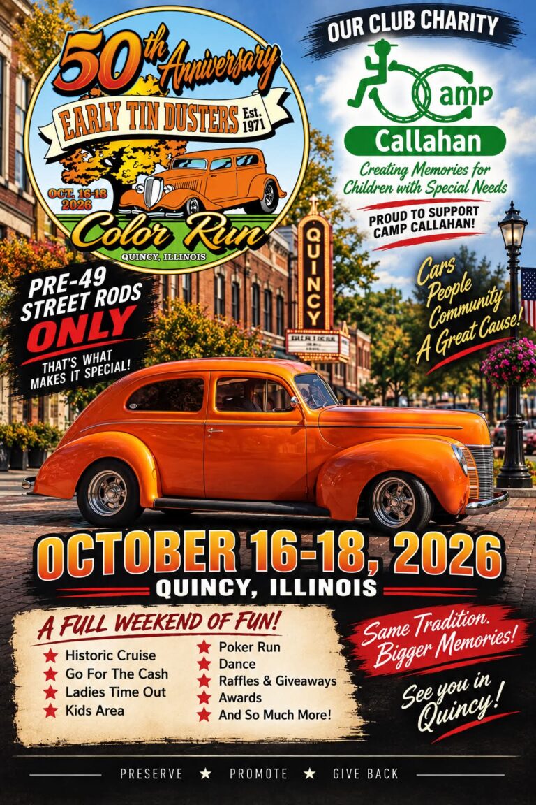 Early Tin Dusters 50th Anniversary Color Run car show in Quincy, IL