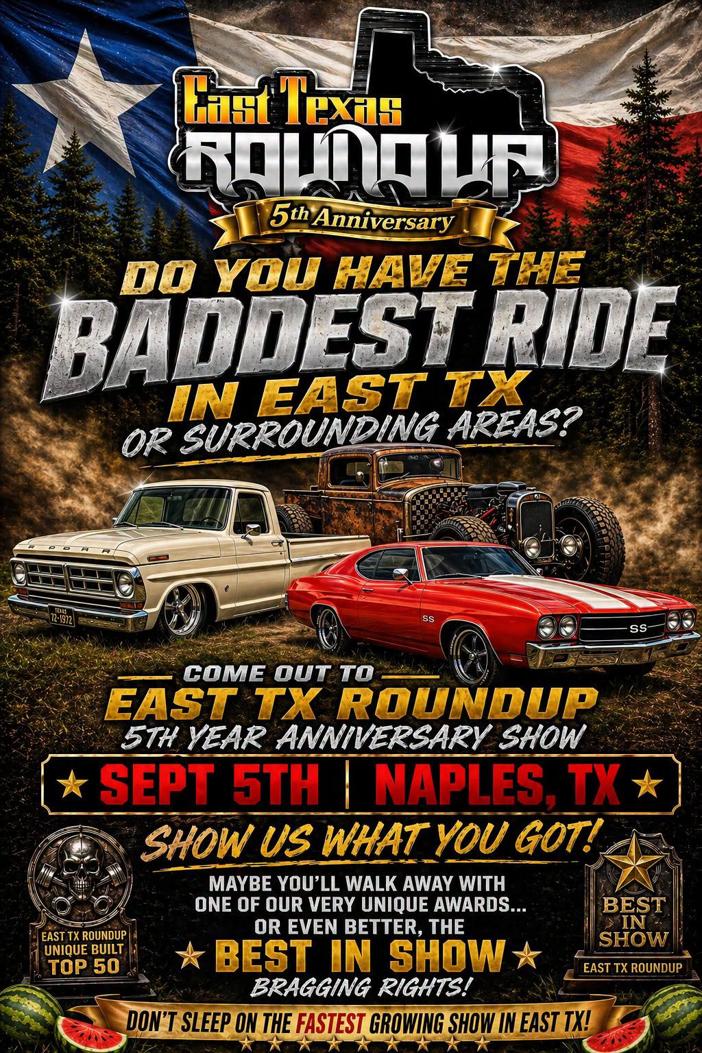 East Texas Roundup 5th Anniversary Show event at Naples Watermelon Festival Grounds in Naples, TX on September 5, 2026