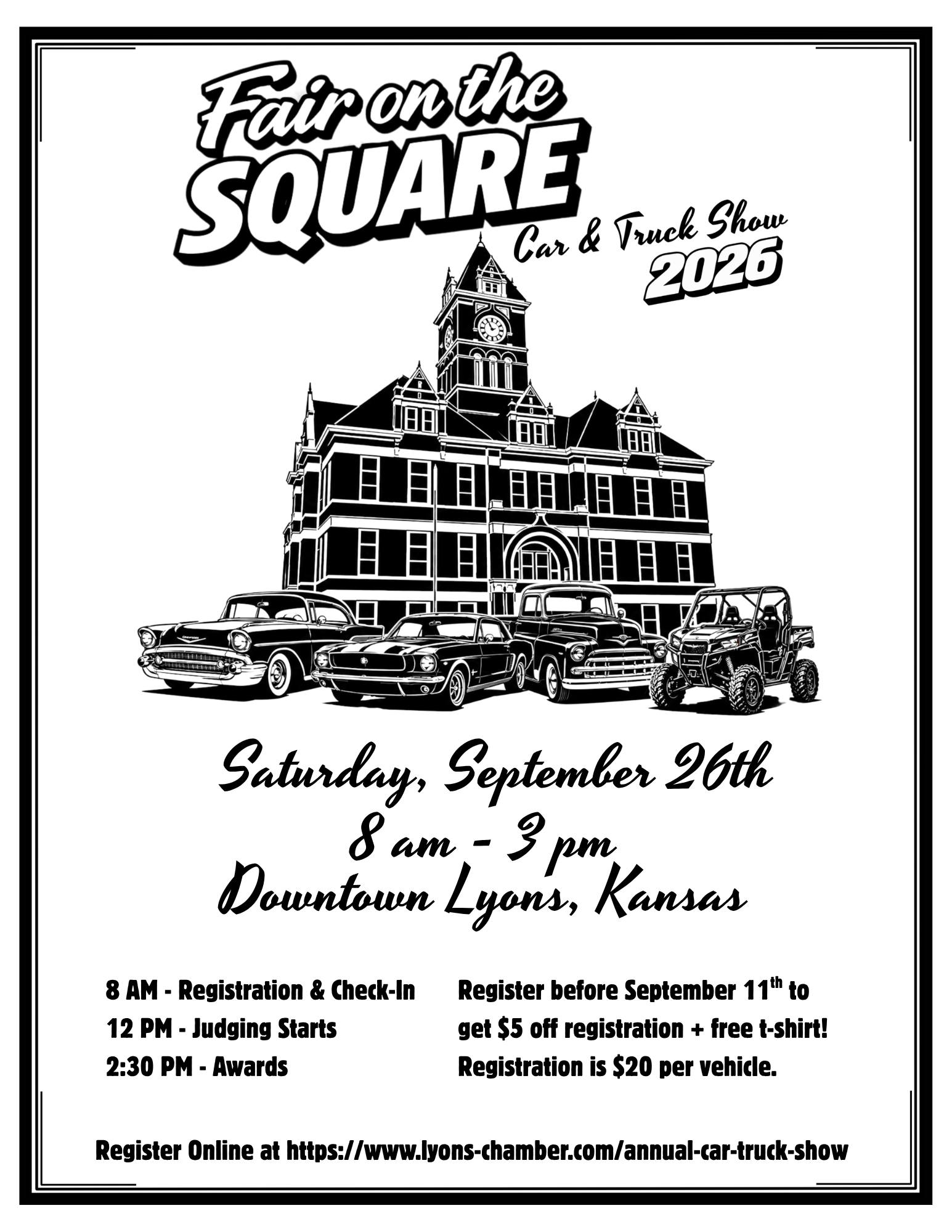 Fair on the Square Car & Truck Show event at Downtown Lyons in Lyons, KS on September 26, 2026