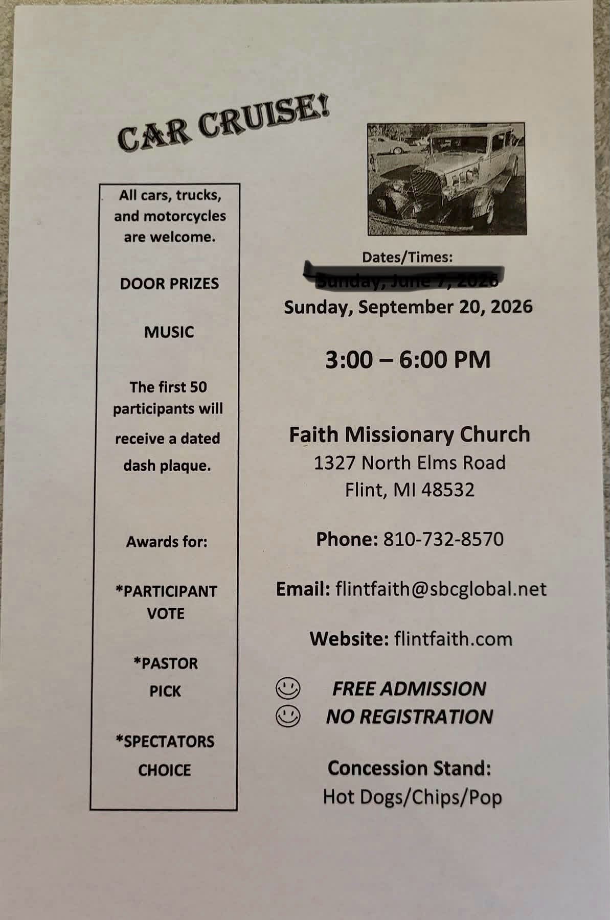 Faith Missionary Church Car Cruise event at Faith Missionary Church in Flint, MI on September 20, 2026