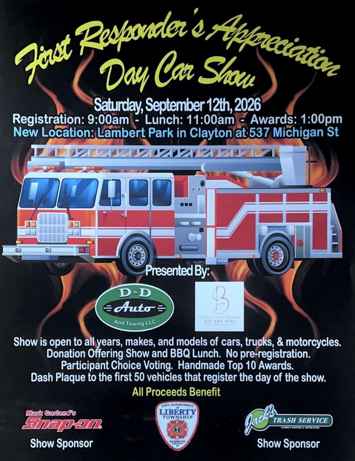 First Responder's Appreciation Day Car Show event at Lambert Park in Clayton, IN on September 12, 2026