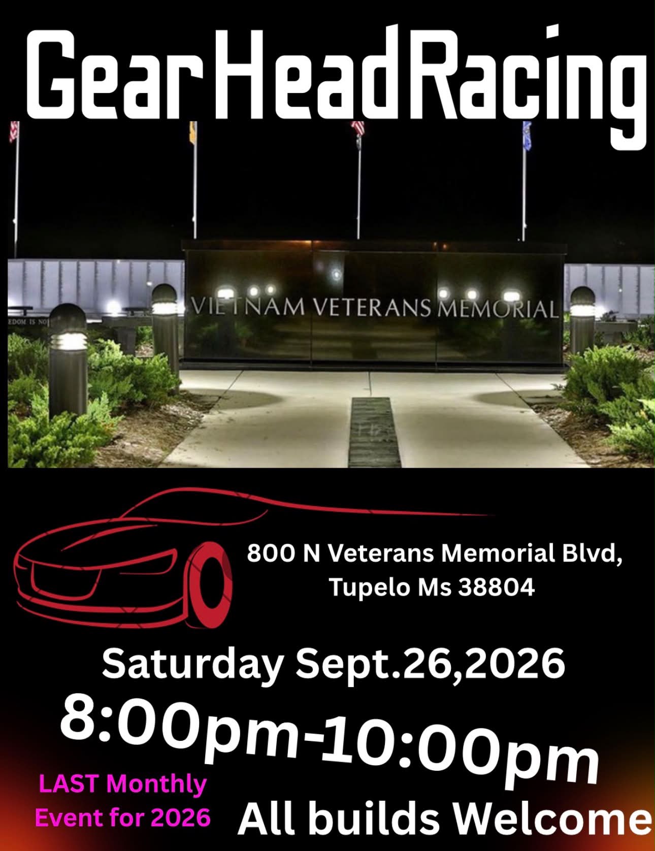 Gear Head Racing Car Meet event at Vietnam Veterans Memorial in Tupelo, MS on September 26, 2026