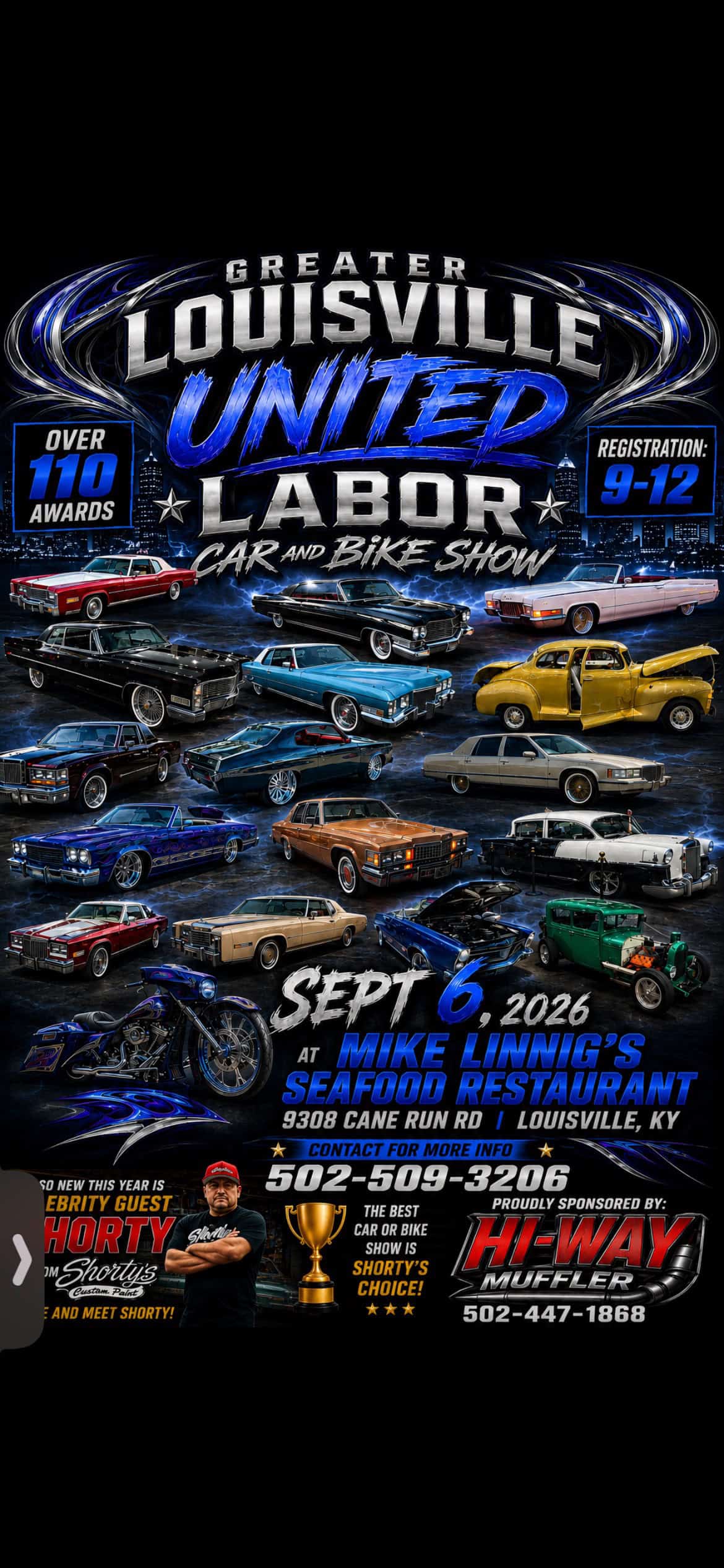 Greater Louisville United Labor Car and Bike Show event at Mike Linnig's Seafood Restaurant in Louisville, KY on September 6, 2026