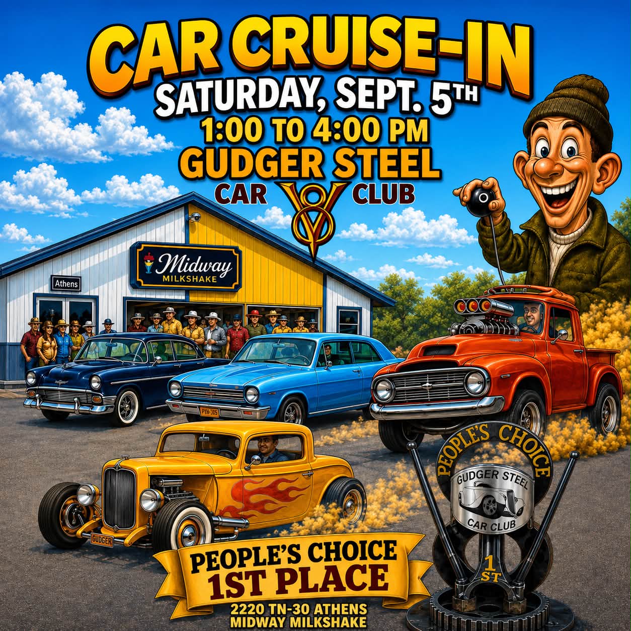 Gudger Steel Car Club Car Cruise-In event at Midway Milkshake in Athens, TN on September 5, 2026